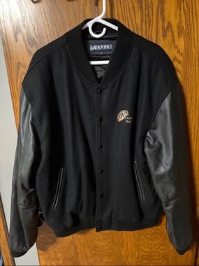 LA Touring Black Leather-Sleeve Varsity Bomber Jacket